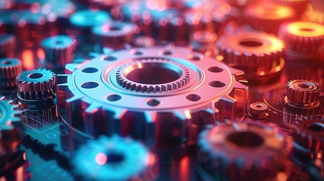 Abstract representation of global finance with interlocking digital gears, vibrant colors. - Powered by Adobe