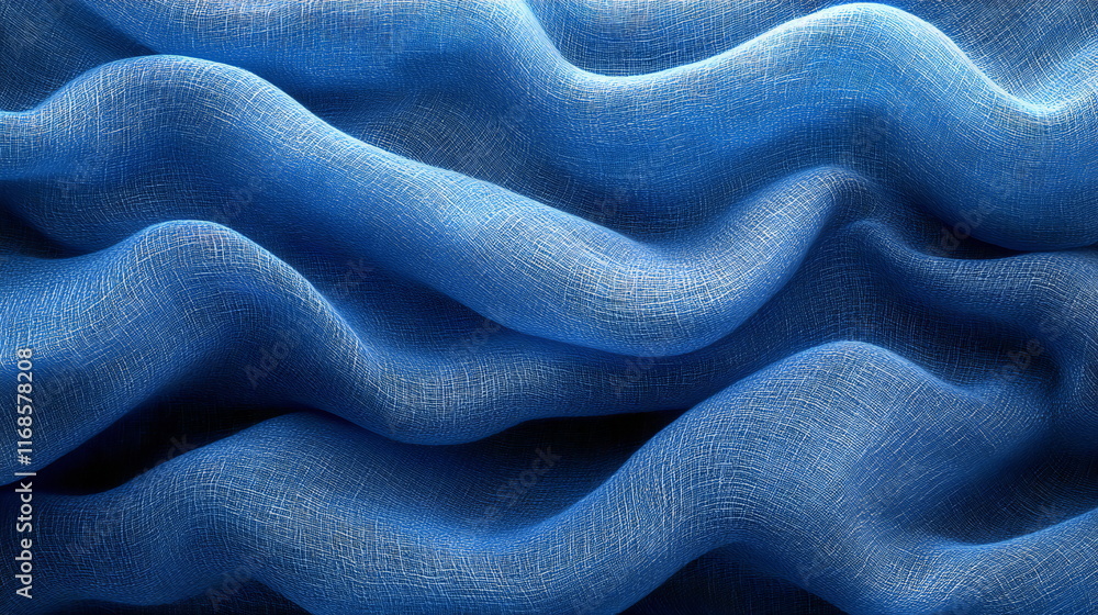 Poster textured blue fabric draping gracefully with soft waves creating a serene visual effect