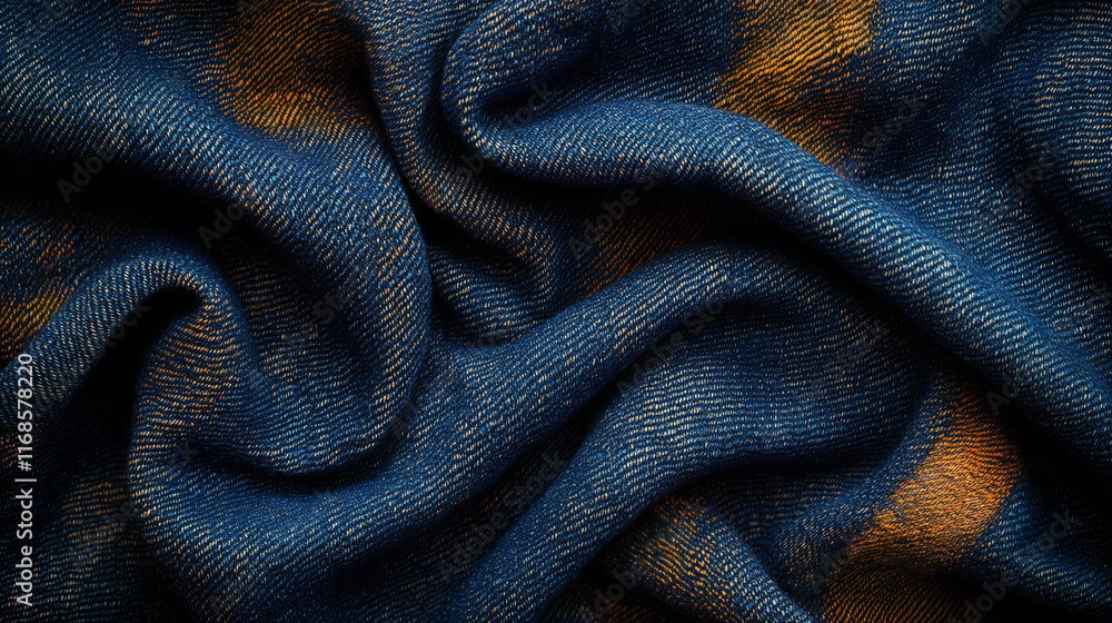 Poster textured blue fabric with golden highlights showing intricate patterns and folds in soft light