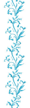 seamless watercolor vertical monochrome blue floral border with bell flowers