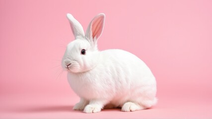 Adorable white rabbit against pink backdrop showcasing soft fur and curious eyes