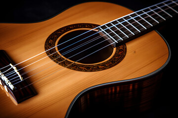 Fototapeta premium Elegant Classic Guitar Captured in a Closeup View: Reflecting Craftsmanship, Design, and Musical Passion