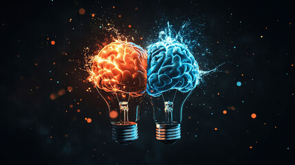 Two lightbulbs shaped as brains, one fiery and one icy, represent opposing ideas.