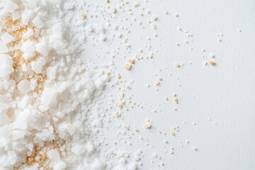 Obraz premium Close-up of coarse and fine salt crystals on white background.