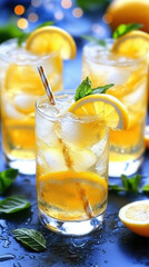 Refreshing lemon honey drinks with ice and mint leaves in glasses