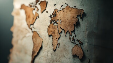 Old world map depicting continents and countries with intricate details in a vintage style.