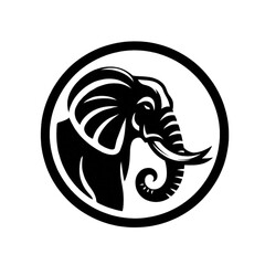  A striking black and white vector illustration of an elephant's head, set within a circular frame. The elephant's detailed features, including its large ears and tusks, convey a sense of power and el