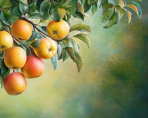 A summer orchard with ripe fruits hanging heavily from the branches