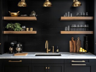 Modern Black Kitchenette With Gold Accents And Wooden Shelves