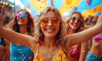 Joyful group of friends celebrating summer indoor event with confetti and colorful decorations, happy students having fun, vibrant party atmosphere, carefree and cheerful festival vibes