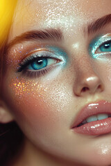 A medium close-up of a young adult Caucasian woman with glowing blue eyes, shimmering teal and peach glitter makeup, radiant skin, and glossy lips in a dreamy aesthetic.
