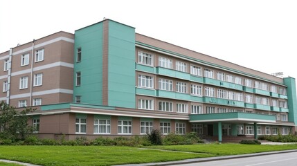 Obraz premium Modern teal and beige building exterior with lawn.