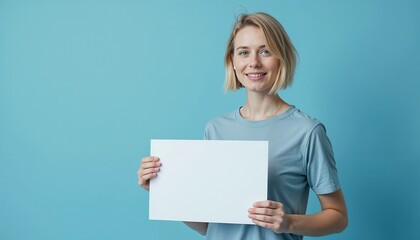 Naklejka premium Caucasian woman in blue t-shirt holding blank white board on blue background. Ideal for text template design.
