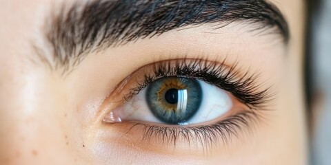 Fototapeta premium Close-up of a vibrant blue eye with long lashes and a bushy eyebrow, capturing depth and intrigue.