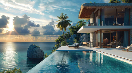 Obraz premium An exotic island villa with an infinity pool and ocean view.