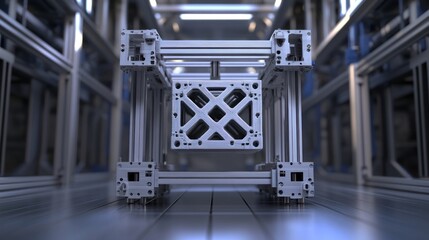 Futuristic metallic cube structure in industrial setting.