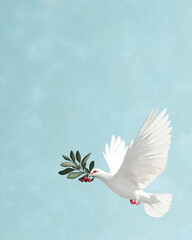 White dove flying with an olive branch in its beak, with a soft blue sky background. Symbols of Peace mockup