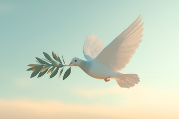 Obraz premium White dove flying with an olive branch in its beak, with a soft blue sky background. Symbols of Peace mockup