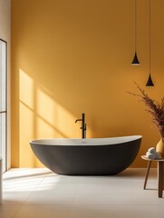 Modern Black Freestanding Tub in Mustard Yellow Bathroom