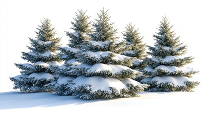 Four snow-covered fir trees on white.