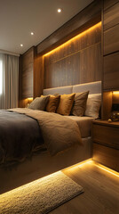 Modern Bedroom Design: Warm Lighting & Wood