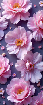 Japanese anemone 'Pamina' flowers in soft pink hues with delicate petals and a whimsical background