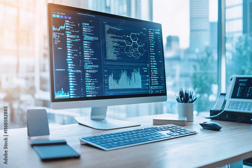 Wall mural modern workstation for ai development, single ultrawide monitor with complex data visualizations