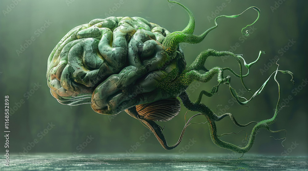 Leinwandbilder a 3d abstract scene of a brain with green tendrils wrapping around it, symbolizing jealousy taking o