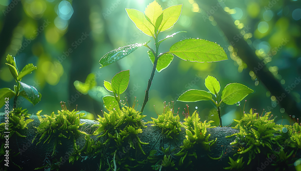 Poster a twisting tree branch in a lush, magical forest. the branch is covered in vibrant green moss, with 