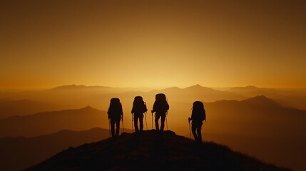Silhouetted hikers on mountain peak at sunset.