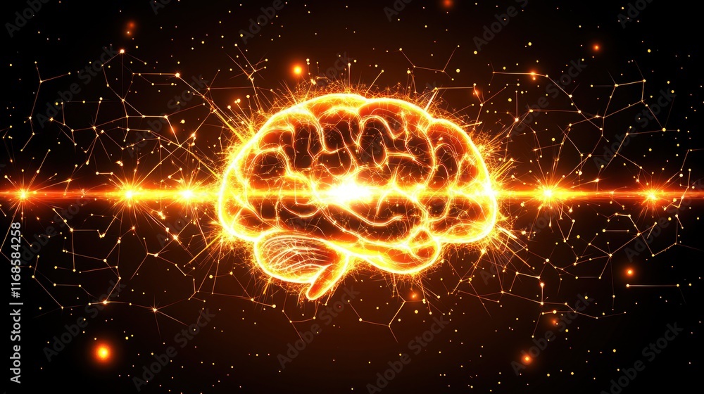 Poster glowing human brain with connecting lines and particles.
