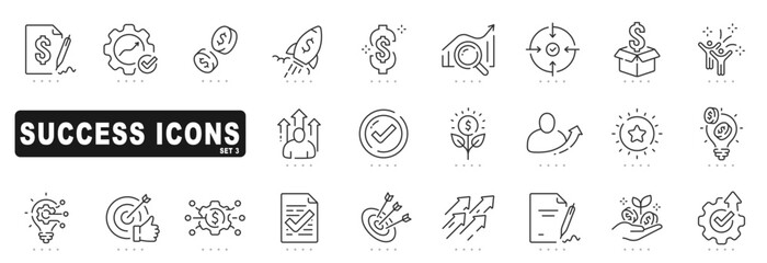Set of success related line icons. Target, career, victory etc. Editable stroke. Set 3