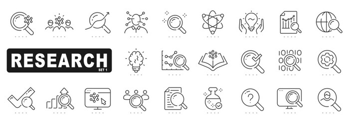 Set of research related line icons. Analysis, search, solution etc. Editable stroke.