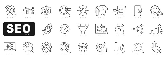 Set of seo related line icons. Search, marketing, research, optimize etc. Editable stroke.