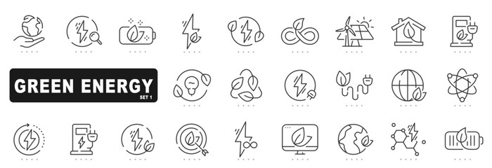 Set of green energy related line icons. Eco, ecology, leaf, earth etc. Editable stroke.