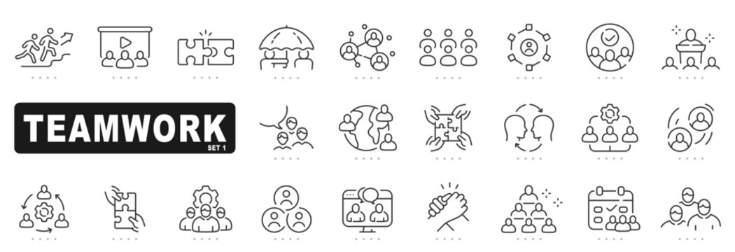Set of teamwork related line icons. Together, partnership, cooperation etc. Editable stroke.