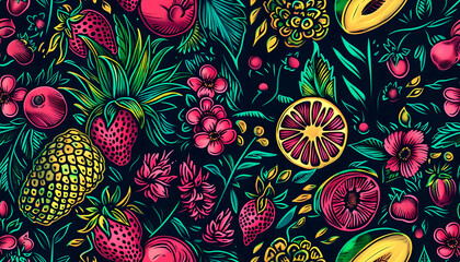 Naklejka premium Vibrant Tropical Fruit and Flower Illustration