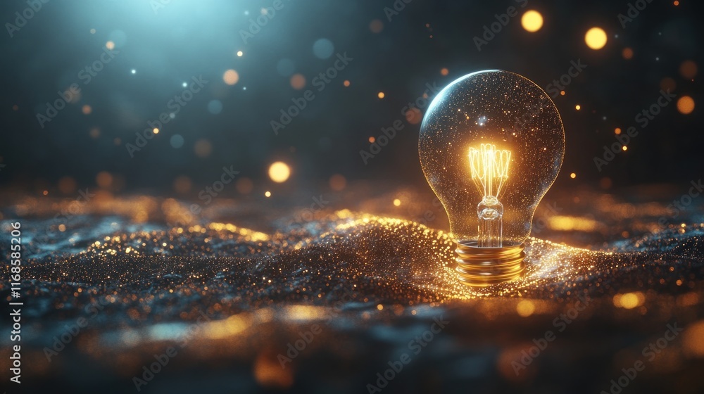 Poster glowing lightbulb on dark textured surface with bokeh.