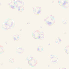 Round soap bubbles on seamless pattern. Watercolor digital illustration. Soap bubbles of different sizes, with rainbow reflection on isolated white background. Theme of holiday, birthday, cleaning