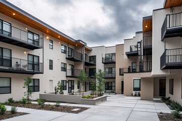 Fototapeta premium Urban affordable housing, compact multi-story building with a modern facade, small balconies, and a paved courtyard