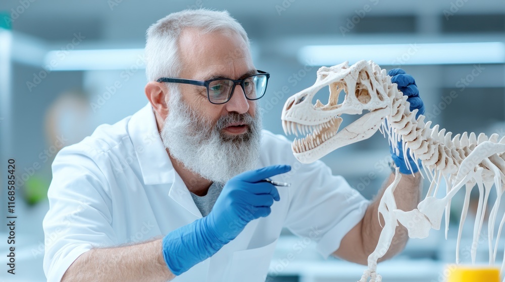 Poster scientist examining dinosaur skeleton in a lab setting.
