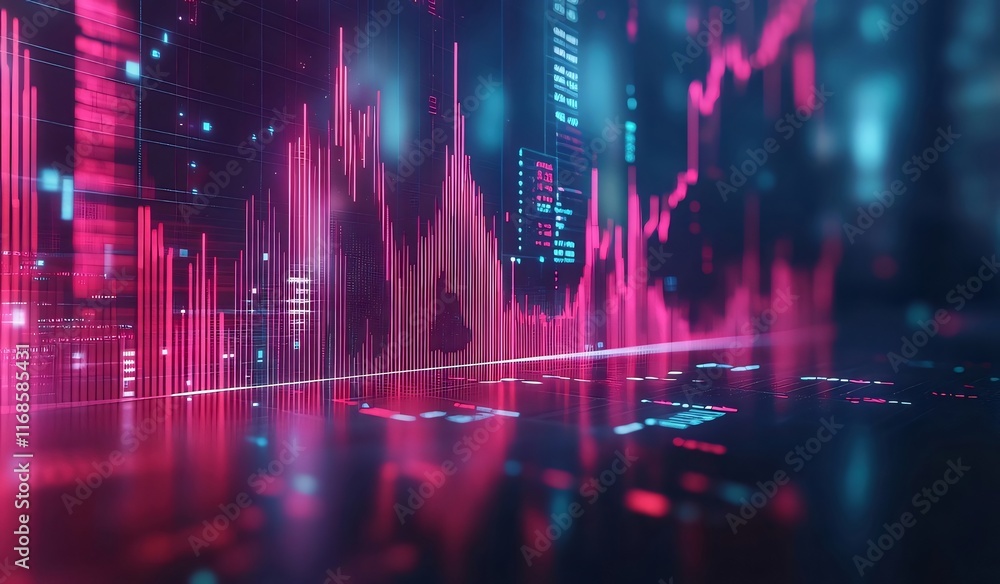 Poster abstract pink and blue digital data visualization with stock market graphs and code.
