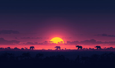 Silhouetted elephants against a vibrant sunset, creating a serene and picturesque landscape scene.