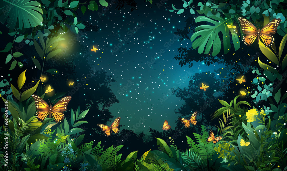 Poster a lush jungle scene illuminated by glowing butterflies and soft light, creating a magical, serene at