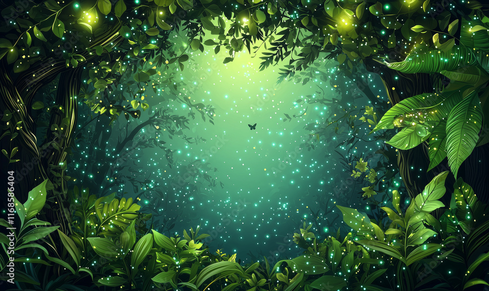 Poster lush green forest scene illuminated by soft light, featuring vibrant foliage and a mystical ambiance