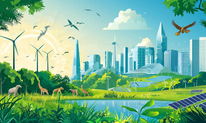 A vibrant blend of nature and urban life featuring wind turbines, wildlife, and a modern cityscape under a bright sky.