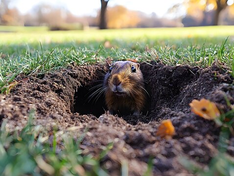 Gopher Holes and Mounds Disrupting Backyard Lawn Close Up View of Ground Pest Damage
