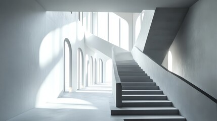 Obraz premium Modern white minimalist interior with staircase and sunlight.