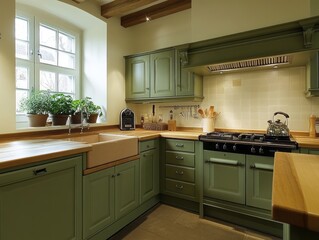 Elegant Green Kitchen With Wood Countertops And Farmhouse Sink