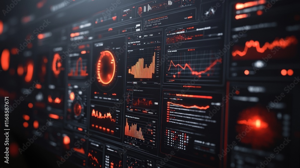 Poster futuristic red digital interface with graphs and data.